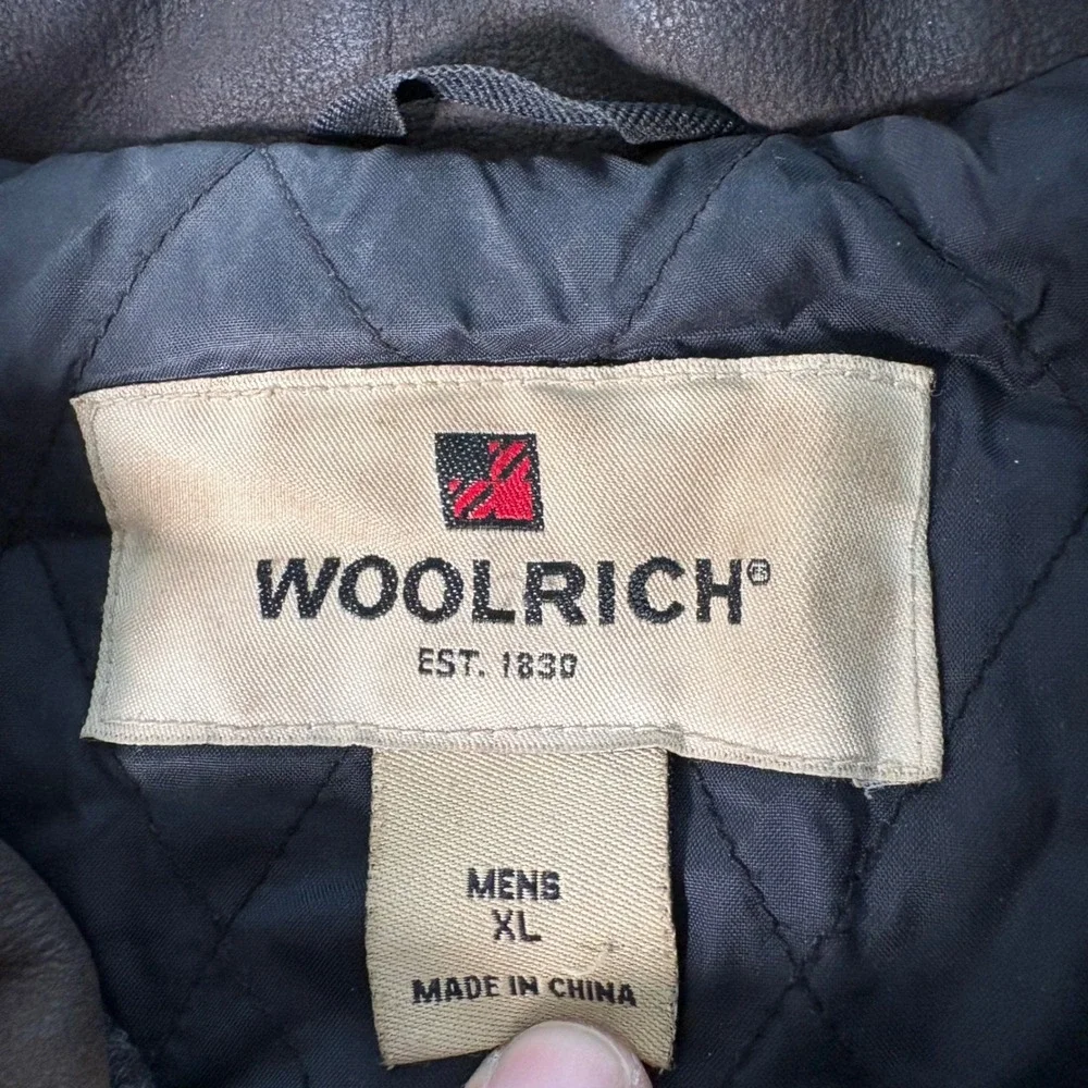Woolrich Mens XL Gray Wool Blend Full Zip Work Jacket Leather Collar Quilted